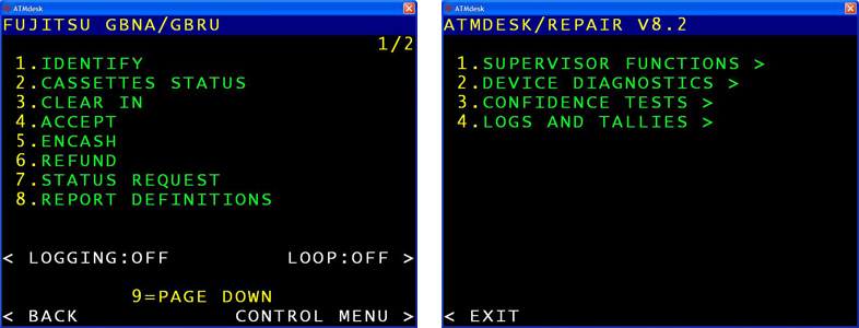 El menú de ATMdesk es bastante simple y deja que  acceden los tests diagnósticos.